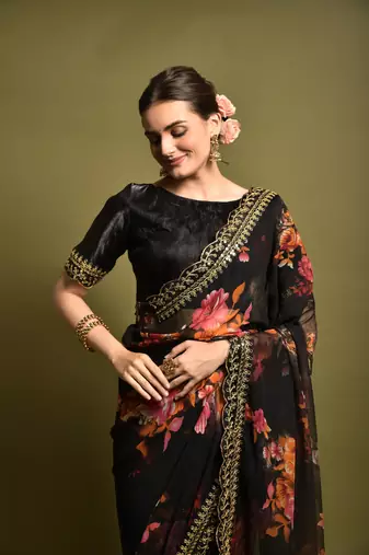 Designer georgette printed and lace work saree with blouse piece