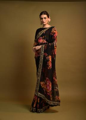 Designer georgette printed and lace work saree with blouse piece 3