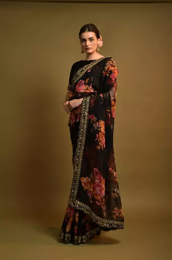 Designer georgette printed and lace work saree with blouse piece