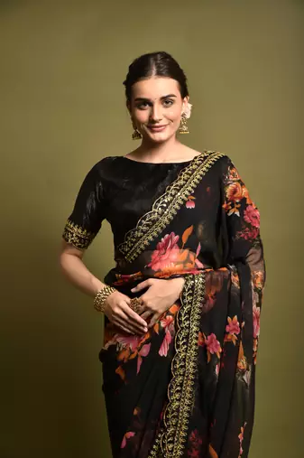 Designer georgette printed and lace work saree with blouse piece
