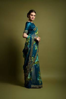 Designer georgette printed and lace work saree with blouse piece 1