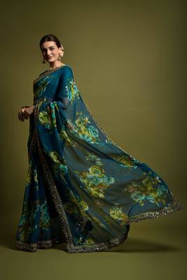Designer georgette printed and lace work saree with blouse piece 2