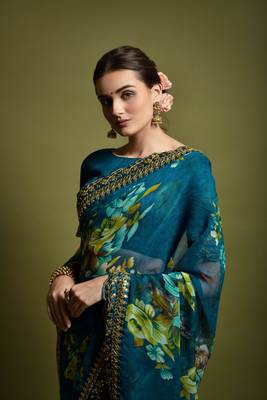 Designer georgette printed and lace work saree with blouse piece 3