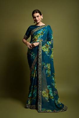 Designer georgette printed and lace work saree with blouse piece 4