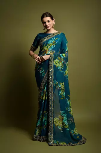 Designer georgette printed and lace work saree with blouse piece