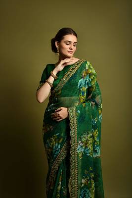 Designer Georgette Printed And Lace Work Saree With Blouse Piece 3