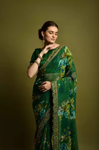 Designer Georgette Printed And Lace Work Saree With Blouse Piece