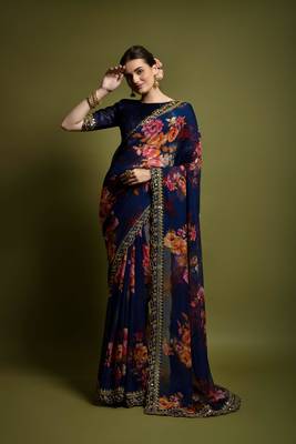 Georgette Printed And Lace Work Saree With Blouse Piece 1