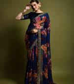 Georgette Printed And Lace Work Saree With Blouse Piece