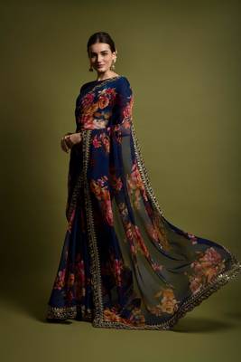 Georgette Printed And Lace Work Saree With Blouse Piece 2
