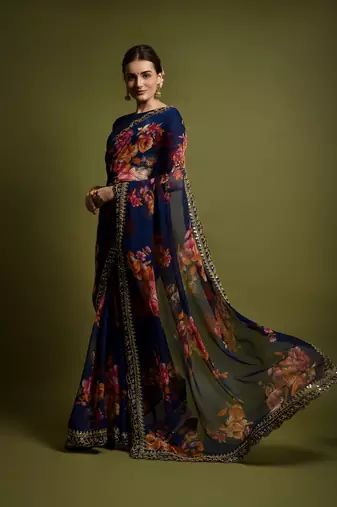 Georgette Printed And Lace Work Saree With Blouse Piece