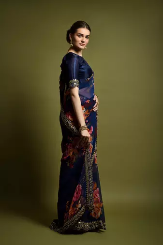 Georgette Printed And Lace Work Saree With Blouse Piece