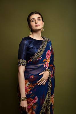 Georgette Printed And Lace Work Saree With Blouse Piece 4