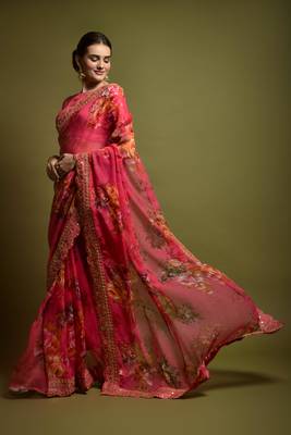 Designer Georgette Printed And Lace Work Saree With Blouse Piece 4