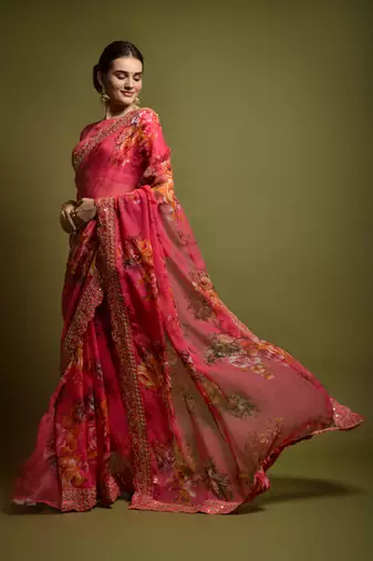 Designer Georgette Printed And Lace Work Saree With Blouse Piece