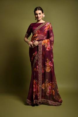 Designer georgette printed and lace work saree with blouse piece 1