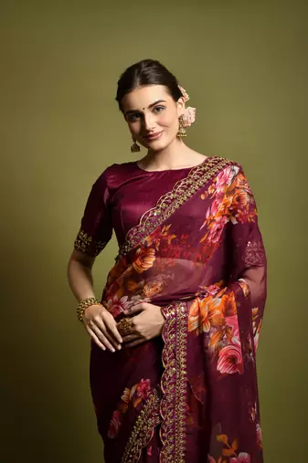 Designer georgette printed and lace work saree with blouse piece