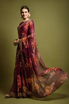 Designer georgette printed and lace work saree with blouse piece 4