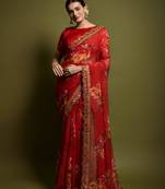 Designer Georgette Printed And Lace Work Saree With Blouse Piece