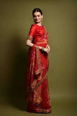 Designer Georgette Printed And Lace Work Saree With Blouse Piece 3