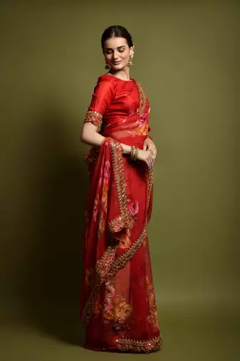 Designer Georgette Printed And Lace Work Saree With Blouse Piece