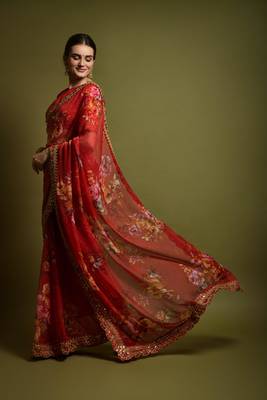 Designer Georgette Printed And Lace Work Saree With Blouse Piece 4