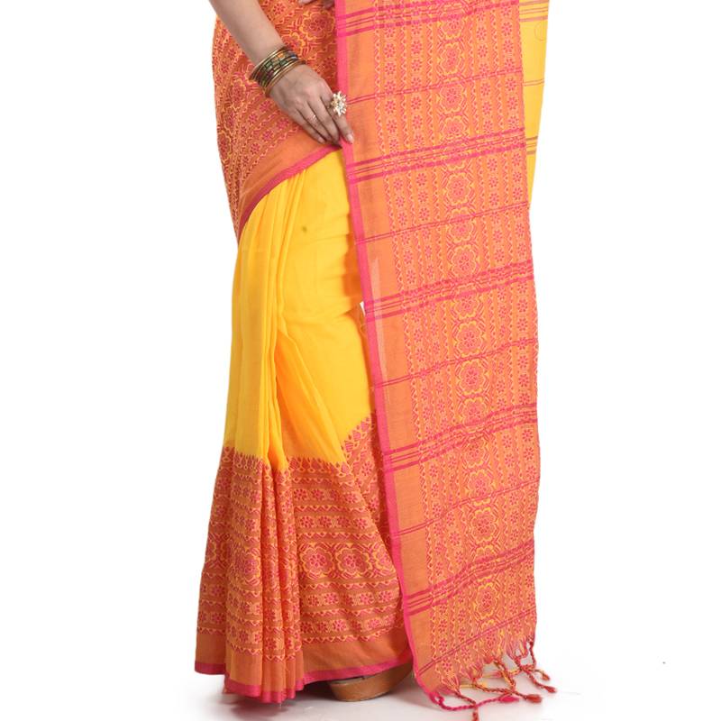 Yellow-pink  Handloom Begumpuri Cotton Traditional Saree with attach running blouse