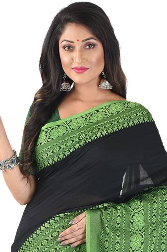 Black-Green Handloom Begumpuri Cotton Traditional Saree with attach running blouse