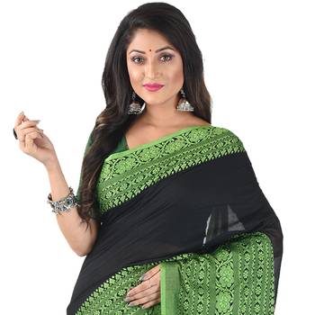 Black-Green Handloom Begumpuri Cotton Traditional Saree with attach running blouse 1