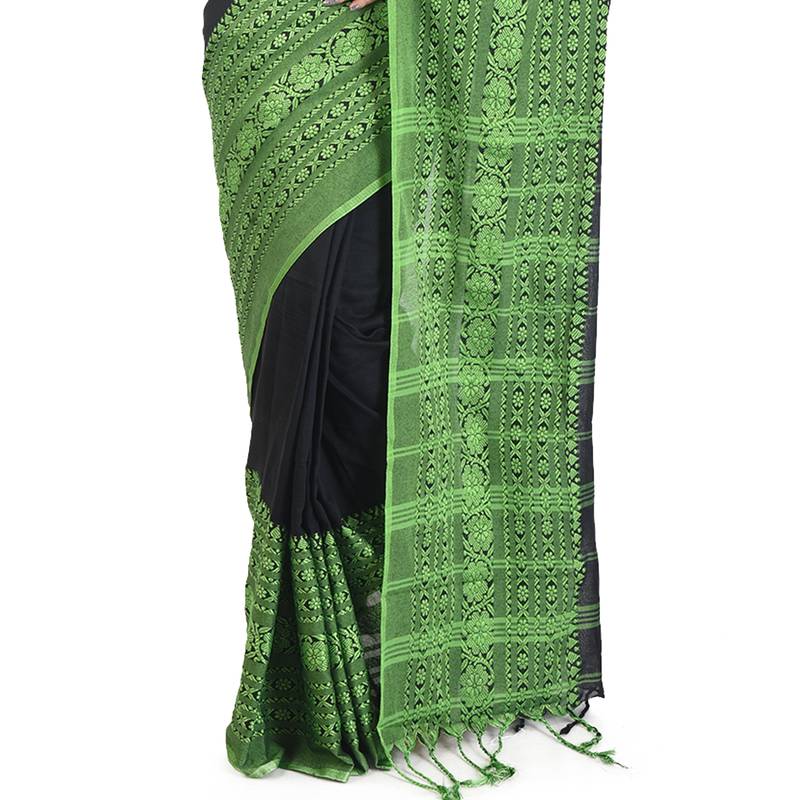 Black-Green Handloom Begumpuri Cotton Traditional Saree with attach running blouse