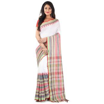 White-Green Multi Handloom Begumpuri Cotton Traditional Saree with attach running blouse 1
