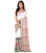 White-Green Multi Handloom Begumpuri Cotton Traditional Saree with attach running blouse