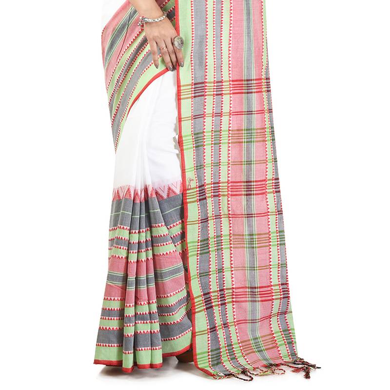 White-Green Multi Handloom Begumpuri Cotton Traditional Saree with attach running blouse