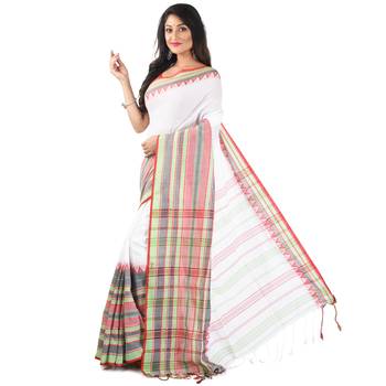White-Green Multi Handloom Begumpuri Cotton Traditional Saree with attach running blouse 3