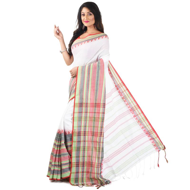 White-Green Multi Handloom Begumpuri Cotton Traditional Saree with attach running blouse