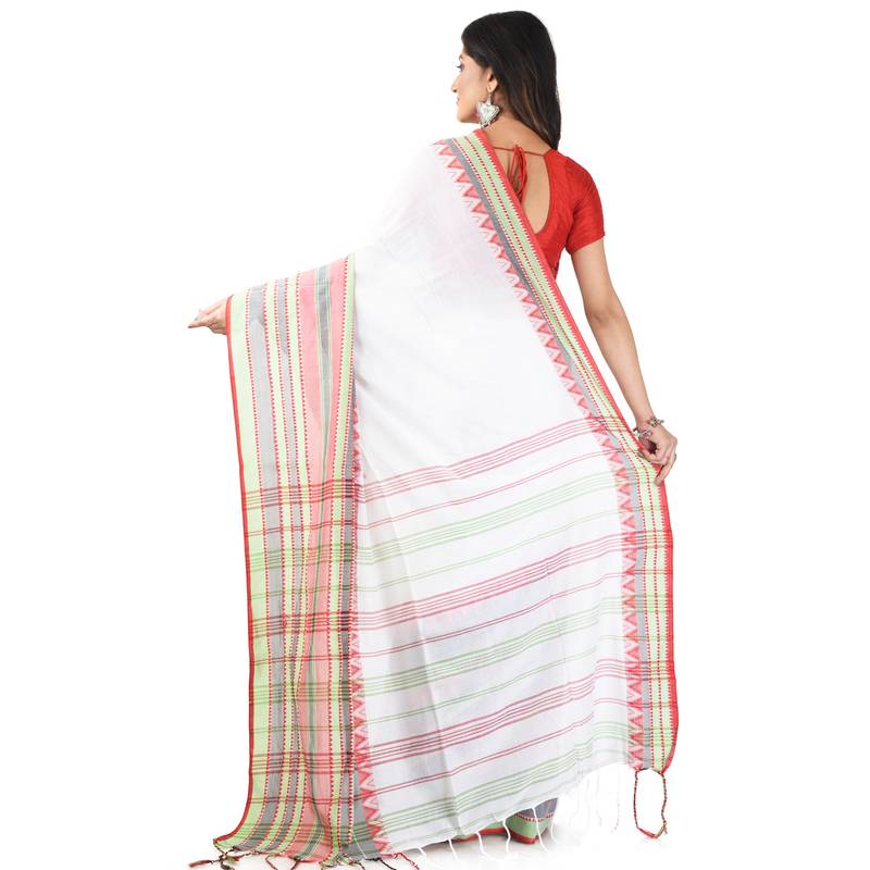 White-Green Multi Handloom Begumpuri Cotton Traditional Saree with attach running blouse