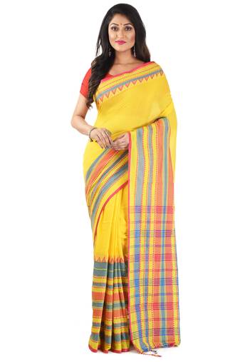 Yellow Handloom Begumpuri Cotton Traditional Saree with attach running blouse