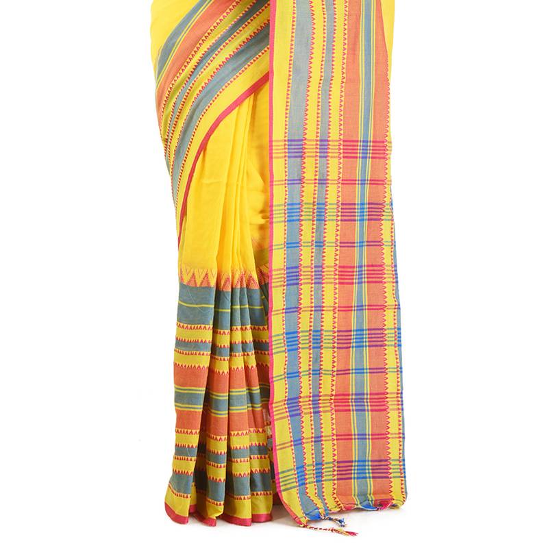 Yellow Handloom Begumpuri Cotton Traditional Saree with attach running blouse
