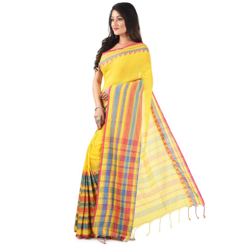 Yellow Handloom Begumpuri Cotton Traditional Saree with attach running blouse
