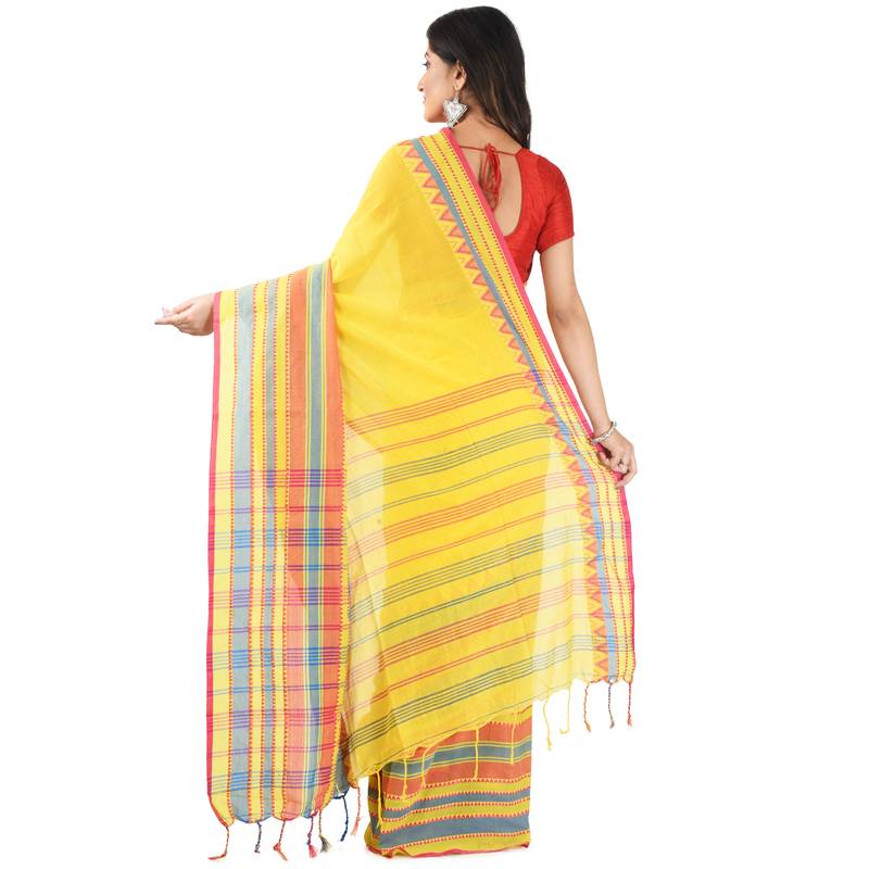 Yellow Handloom Begumpuri Cotton Traditional Saree with attach running blouse