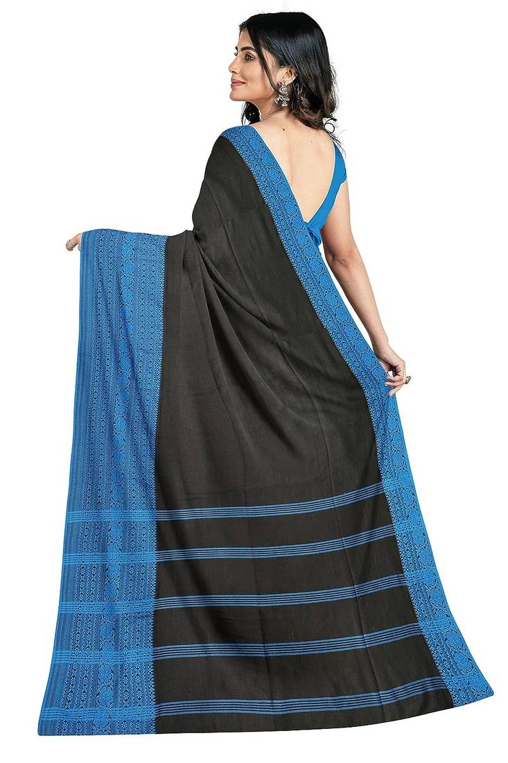 Black Handloom Begumpuri Cotton Traditional Saree with attach running blouse
