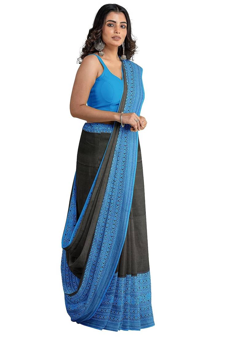 Black Handloom Begumpuri Cotton Traditional Saree with attach running blouse