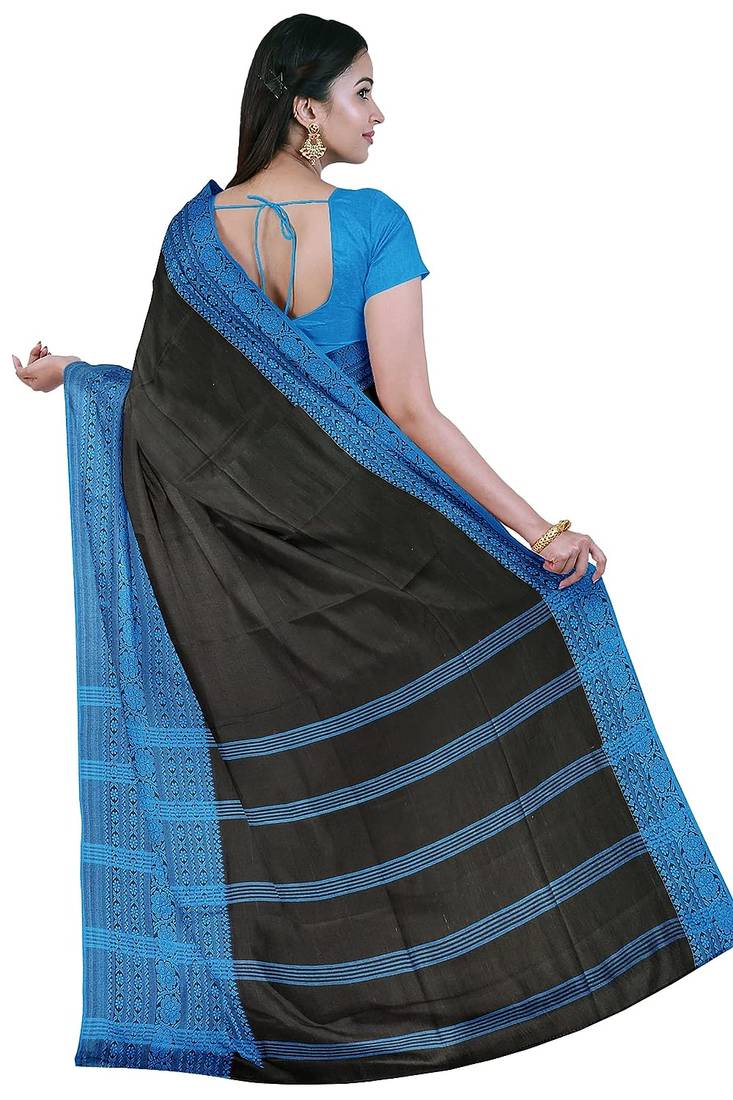 Black Handloom Begumpuri Cotton Traditional Saree with attach running blouse