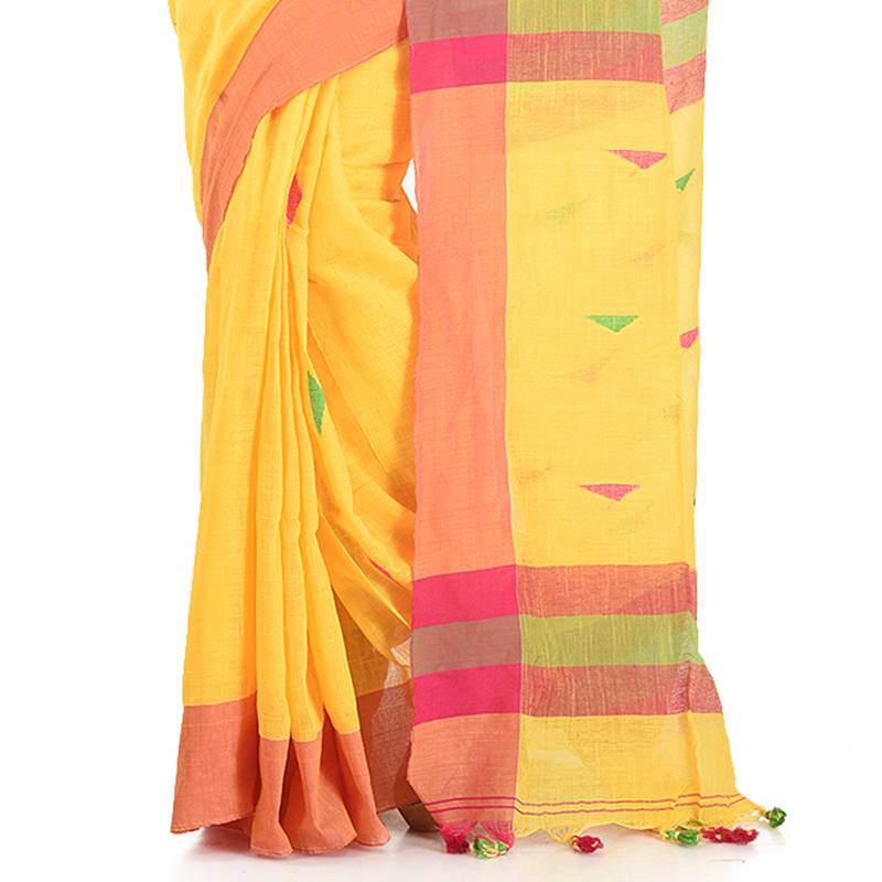 Yellow Handwoven Pure Cotton Jamdani Traditional Saree with attach running blouse