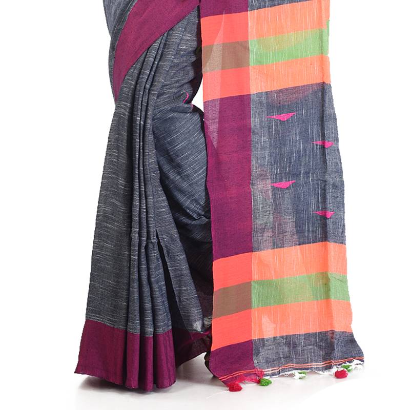 Grey Handwoven Pure Cotton Jamdani Traditional Saree with attach running blouse
