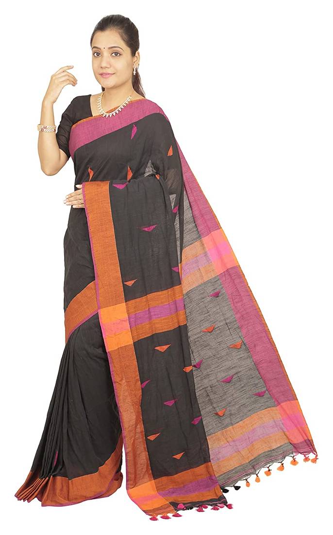 Black Handwoven Pure Cotton Jamdani Traditional Saree with attach running blouse
