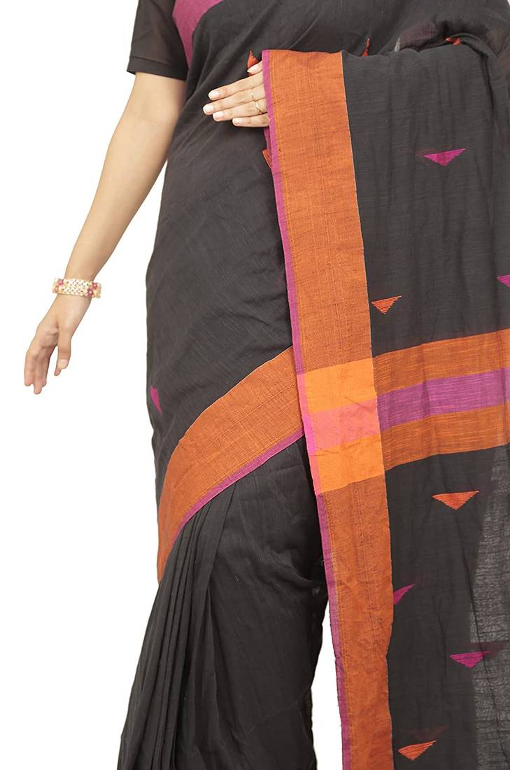 Black Handwoven Pure Cotton Jamdani Traditional Saree with attach running blouse