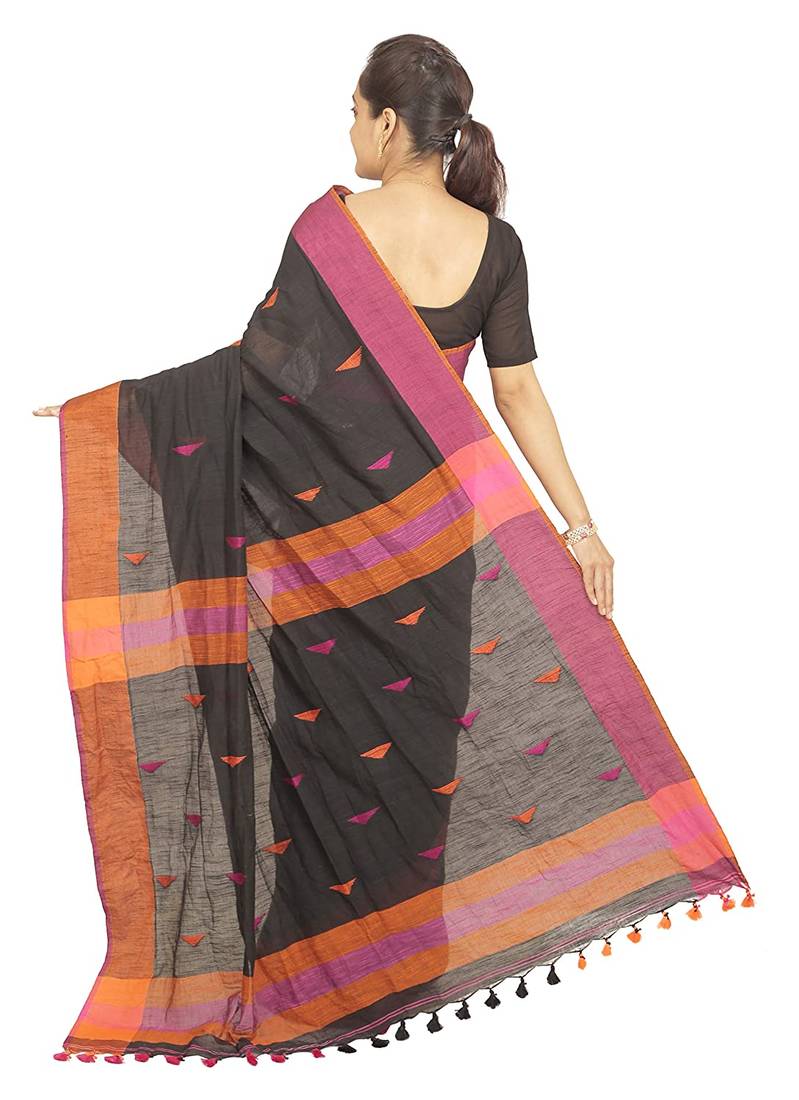 Black Handwoven Pure Cotton Jamdani Traditional Saree with attach running blouse