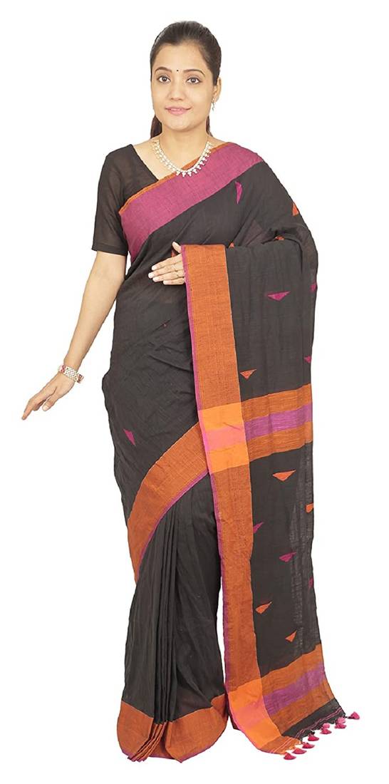 Black Handwoven Pure Cotton Jamdani Traditional Saree with attach running blouse