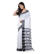 White-black Handwoven Pure Cotton Jamdani Traditional Saree with attach running blouse